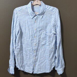 CP Shades Blue & White Stripe Linen Roll Tab Long Sleeve Button Up SMALL